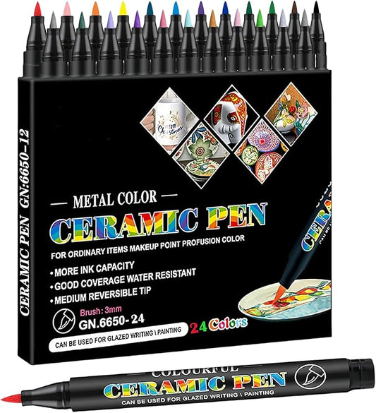 Permanent Marke Ceramics Pens 24 Colors Porcelain Paint Brush Pen for Both Glazed and Unglazed Ceramics Christmas Decoration Wine Markers for Adults