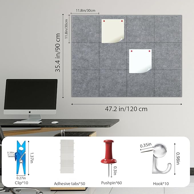 Large Cork Board for Walls 48"x36",12 Pack Felt Wall Tiles with 60 Pushpins,50 Safe Removable Adhesive Tabs,10 Hooks and Clips, Felt Bulletin Board Pin Board Tack Board for Office -Silver Gray