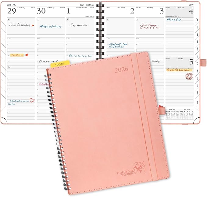 POPRUN 2026 Planner (Large - 8.5" x 10.5") with Hourly Schedule & Vertical Layout - 2026 Weekly Calendar (Jan. 2026 - Dec.2026) for Time Management, Monthly Tabs, Spiral Bound, Soft Cover - Pink
