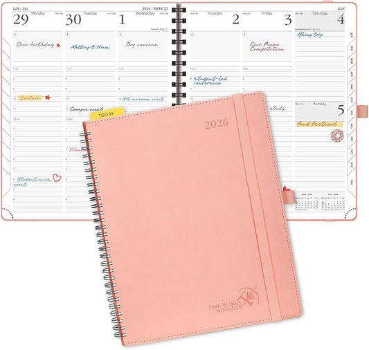 POPRUN 2026 Planner (Large - 8.5" x 10.5") with Hourly Schedule & Vertical Layout - 2026 Weekly Calendar (Jan. 2026 - Dec.2026) for Time Management, Monthly Tabs, Spiral Bound, Soft Cover - Pink