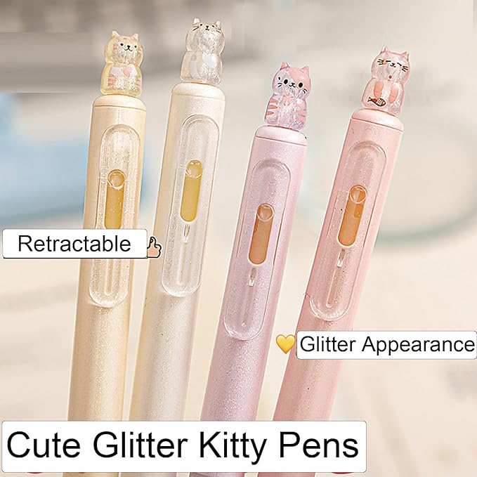 4 Pcs Cute Retractable Pens Cat Gel Pens Gliiter Aesthetic Pen 0.5mm Fine Point Black Ink Smooth Writing Kawaii Cartoon Kitty Pen for Women Girls Office School Supplies (4Pcs Gliiter Cat)
