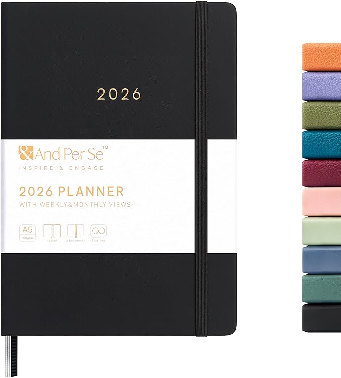 And Per Se 2026 Planner-Daily, Weekly & Monthly Leather Hardcover Planner, 5.7" x 8", Daily Schedule, 100 GSM Thick Paper, Back Pocket (Black)