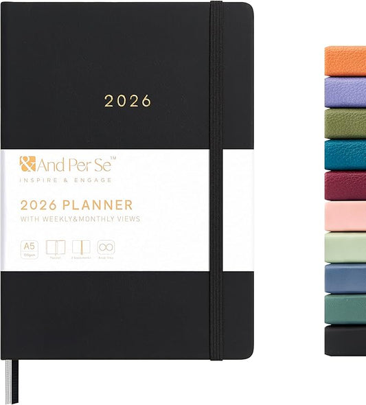 And Per Se 2026 Planner-Daily, Weekly & Monthly Leather Hardcover Planner, 5.7" x 8", Daily Schedule, 100 GSM Thick Paper, Back Pocket (Black)