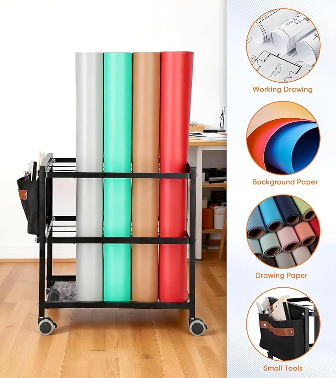 Blueprint Storage Rack Cart with Side Storage Bags, 20 Slots(3.2" x 3.2") Double-Layer Grids Metal Mobile Blueprint Holder with Silent Non Slip Wheels for Home, Office, School