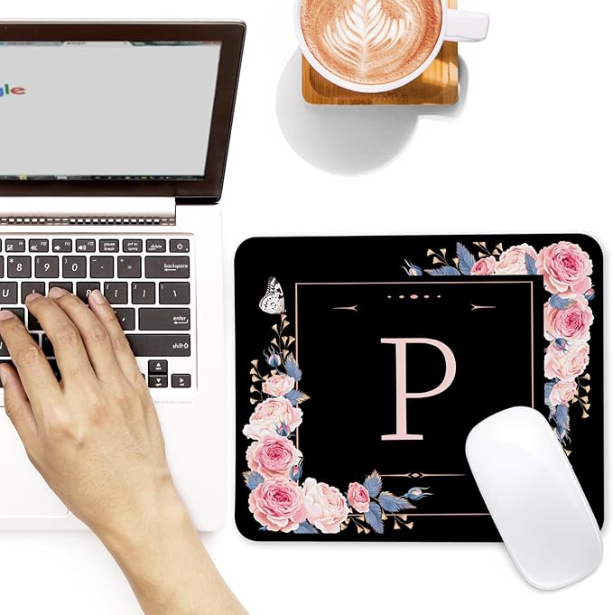Letter P Black and Pink Flowers Square Mouse Pad, Mouse Pad with Stitched Edge and Non-Slip Rubber Base,Mouse Mat,Home Office Decor Desk Accessories,9.4x7.8x0.12 inch Square Mouse Pad