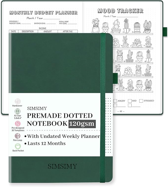 Dotted Journal Notebook with Premade Bullet Templates, Pre-made Dot Grid Journaling with Undated Weekly & Monthly Planner, Various Trackers - 12 Month Organization, A5 Hardcover