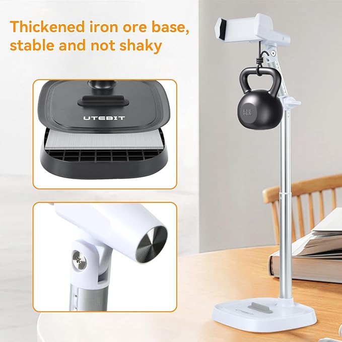 UTEBIT Phone Stand for Desk, 11.8''-17.7''Height Adjustable Tablet Phone Holder for Desk, Universal iPhone Holder Retractable Cell Phone Stand Recording Office for iPhone 17 16 15 Pro Max Air, White