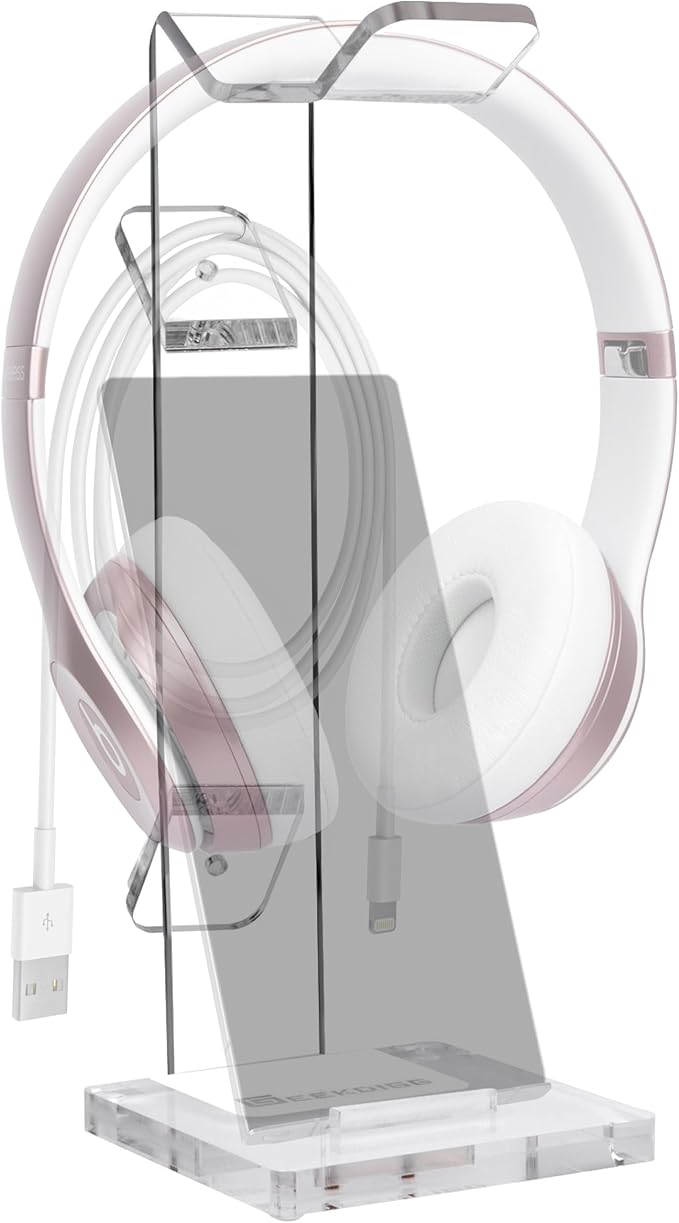 GeekDigg Headphone Stand Gaming Headset Holder For Desk Cable Organizer & Cellphone Stand for All Headphones Size headphone Holder Set for Gaming PC Accessories Gaming Station Transparent