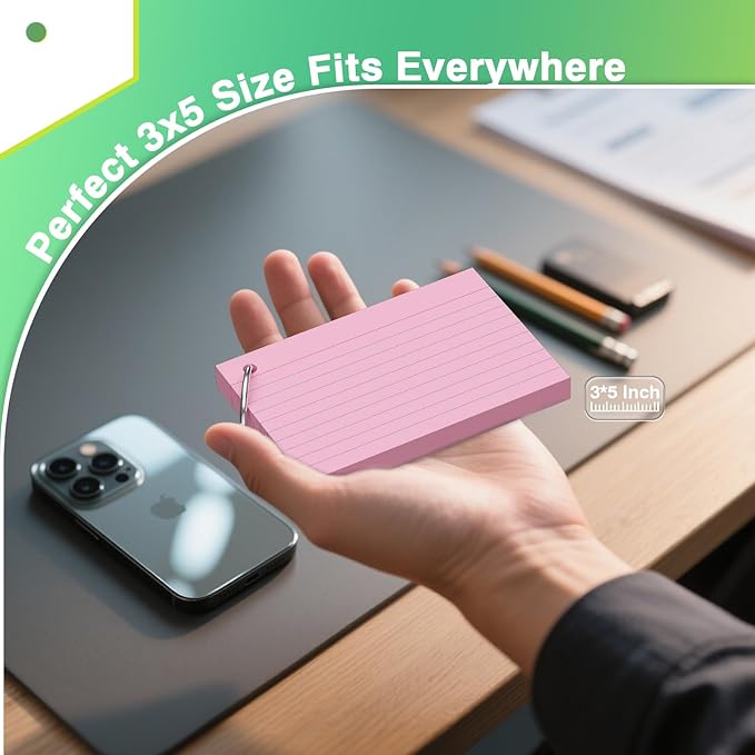 500 Count Index Cards with Ring 3 x 5 Inch Colored Heavyweight Ruled Index Cards, Flash Cards for School & Office Supplies and Home Organization, Durable Study To Do List Note Cards with Ruled Lines