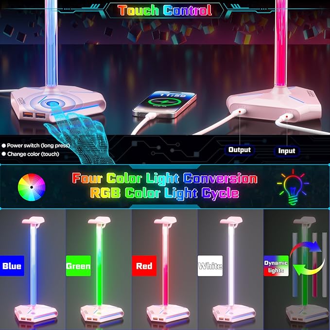 Pink RGB Headphone Stand with 2 USB Ports & Extension Cord, Gaming Headset Stand for Desktop Table, PC Gaming Accessories, Gifts for Girlfriend,Teen Boys Girls, Gaming Setup Organizer