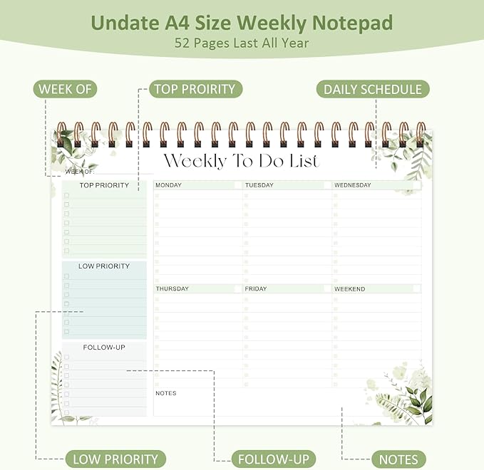 Weekly To Do List Notepad with 52 Undated Sheets (8.5"×11"), Desk Weekly Planner Notepad for Office Desk Accessories and School Supplies (Green)