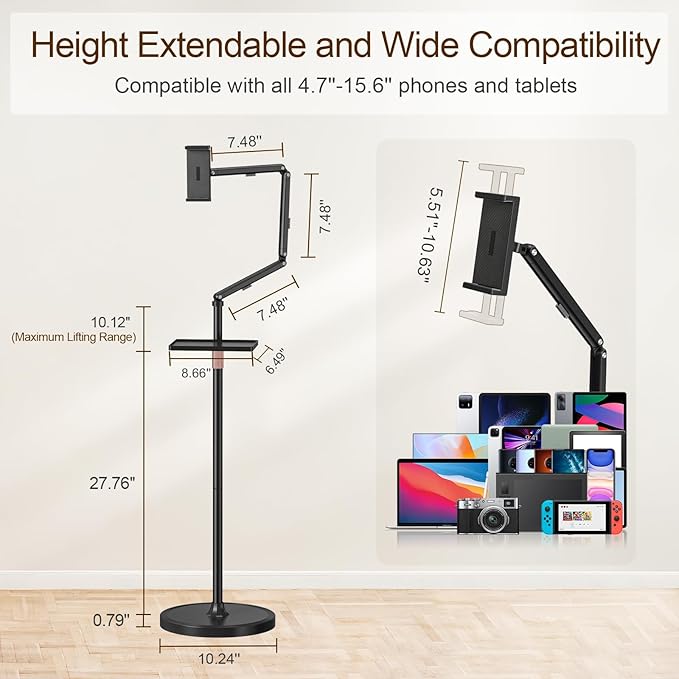Houele Tablet Floor Stand with Removable Tray, iPad Floor Stand Holder for Bed, Height Adjustable Tablet Mount iPad Holder for 4.7”-15.6” Tablets iPads and Phones