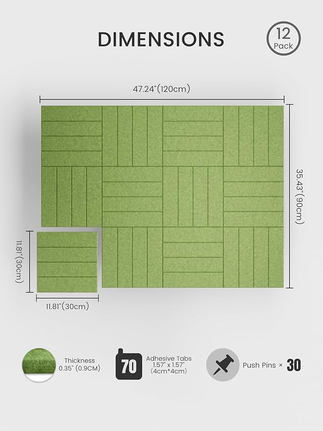 Bumusty Large Cork Board Alternative-48 x 36" Felt Bulletin Board Tiles, with 30 Pushpins, 70 Adhesive Tabs, 12-Pack Slat Wall Paneling, Cork Boards for Office Push Pin Board Felt Board-Kelly Green