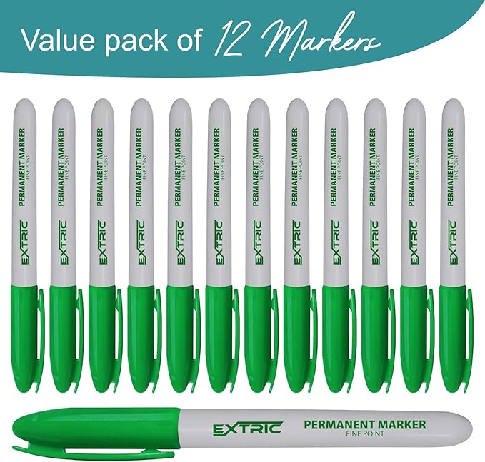 EXTRIC Permanent Markers Green, 12 Count Fine Point Markers, Quick Drying, Works on wood, Paper, Plastic, Metal and Glass, for Home, Office and School