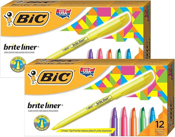 BIC Brite Liner Highlighters Markers, Chisel Tip, Assorted Colors, 12 Per Pack, 2 Packs (BICBL11AST-2)