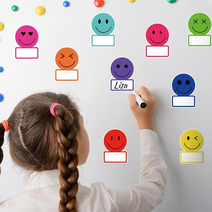 Whaline 135Pcs Rainbow Smile Face Name Tag Sticker Back to School Nameplate Sticker 9 Designs Happy Face Bright Colors Label Decal Cute Classroom Bulletin Board Decor for Office Desk Wall Decor