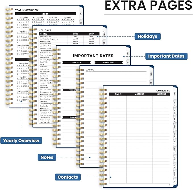 2026 Planner, Monthly and Weekly Calendar Planner for Women, Jan 2026 - Dec 2026, Hardcover Pretty 2026 Agenda Planner Book with Tabs, Spiral Bound, Perfect for School Office Home Supplies, 6.3" x 8.5" - Blue Floral