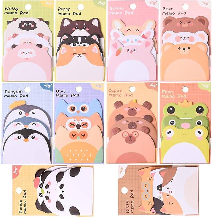 Cute Sticky Notes, 10 Pack 450 Sheets Cartoon Animal Sticky Notes Kawaii Mini Animals Shape Markers Flags Self-Stick Memo Pads for Adult Home Office Roommates Gifts Tab Suppliess