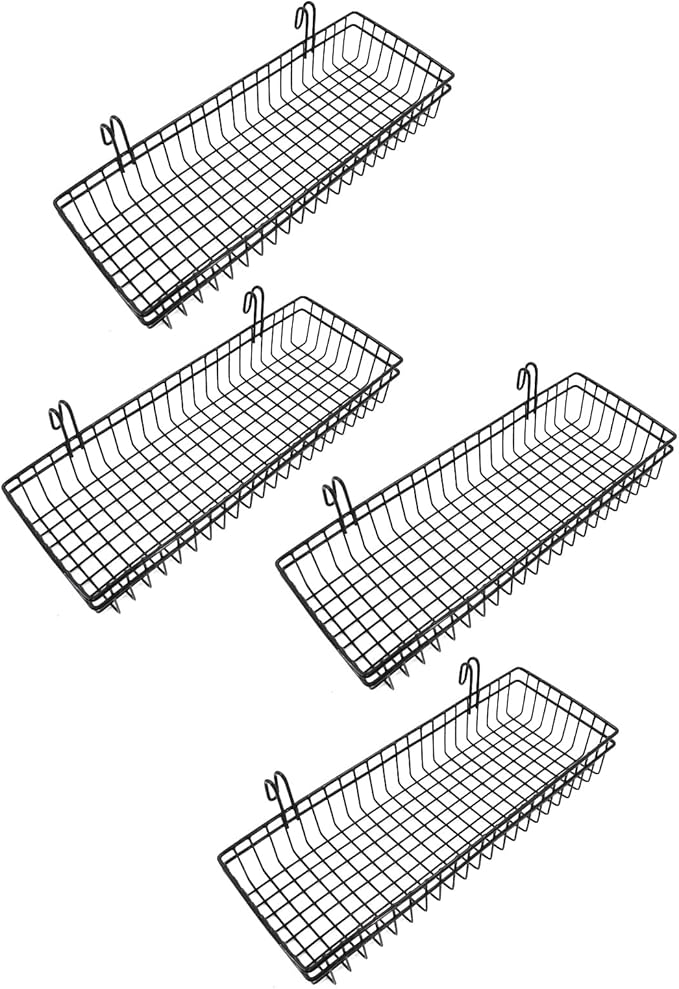 ANZOME 4 Pack Grid Wall Baskets & Gridwall Accessories - Black Metal Wire Mesh Hanging Storage Bins with Built-in Hooks - Display Shelf Organizer for Craft Room, Retail, Office & Kitchen Pantry