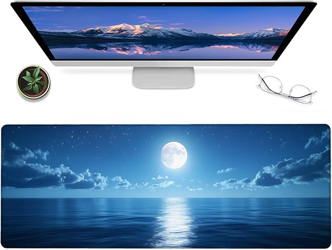 Moon Ocean Gaming Mouse Pad – 12x31.5in Non-Slip Rubber Desk Mat with Tranquil Full Moonlit Design – Large Extended Mousepad for Office Home – Deskmat Gifts for Nature Night Sky Lovers Decor