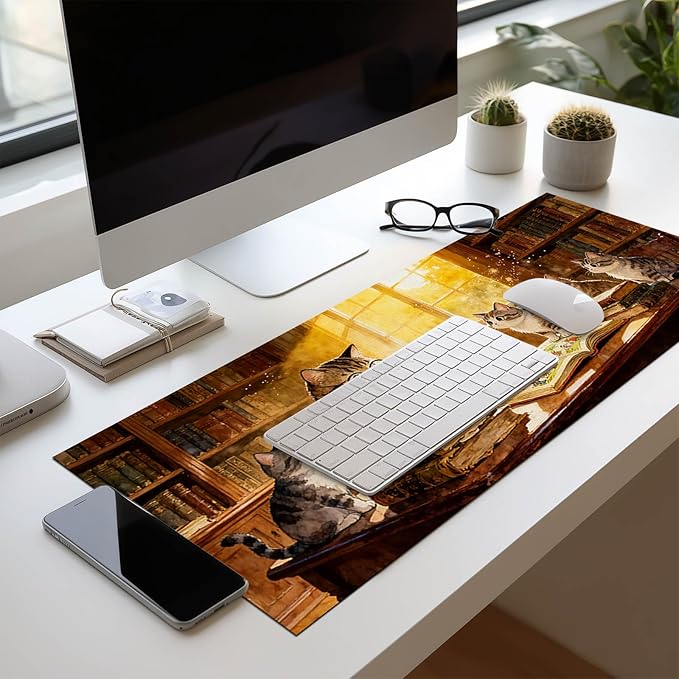 XL Mouse Pad 31.5 x 11.8 Inch Gaming Mousepad Diatomite Large Keyboard Mouse Pad for Home and Office Desk Accessories with Cozy Library Cat Study Artwork