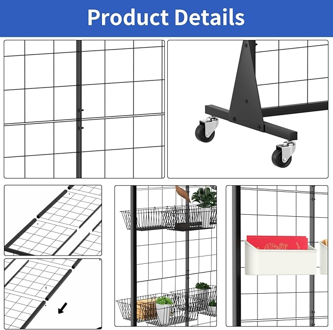 Gridwall Panel Display Stand, 2'x5.5' Heavy Duty Floor Standing Rack with Detachable Girdwall, Movable Silent Wheel, Easy to Transport, Ideal for Retail & Craft Fairs