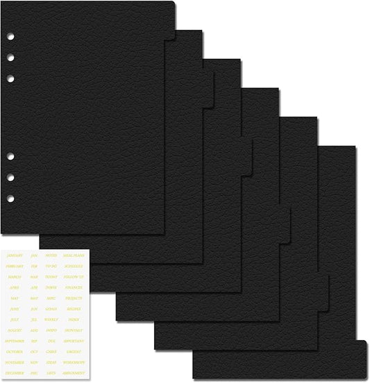 Koqye Leather Textured A5 6-Ring Binder Dividers with 6 Tabs, Black Paper Index Page Separators with Gold Stickers for Planner/Organizer (1 Set - 6 Tab with 1 Stickers)