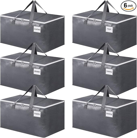 BlissTotes Large Moving Boxes and with Zippers & Handles Moving Supplies with lids, Heavy Duty Totes for Storage Bags for Space Saving, Fold Flat, Moving and Storing 76L, 6 Pack