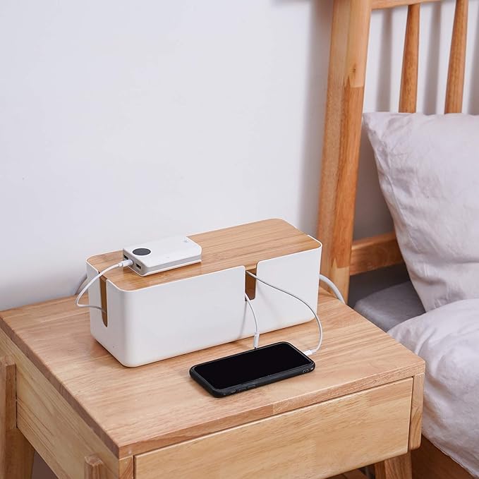 Changsuo Small Cable Management Box with Bamboo Lid for Extension Cord Power Stripe Surge Protector Wire Concealer Organizer Cover Hider (White)