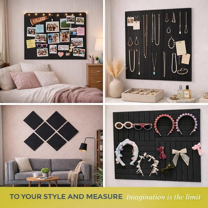 – Felt Wall Tiles 11.8"x11.8", Decorative Felt Boards, Pin Boards with Level & Adhesive Tabs, Bulletin & Photo Board for Office, Dorm, Classroom, Home (Set of 12) – Black