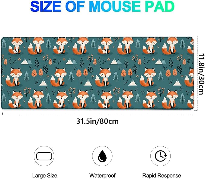 Adorable Fox Gaming Mouse Pad, Extended Cute Cartoon Foxes Print Desk Mat Computer Laptop Mousepad, Robust Stitched Edges, 31.5"×11.8" Large Office Keyboard Mouse Pads for Home Desktop Decor