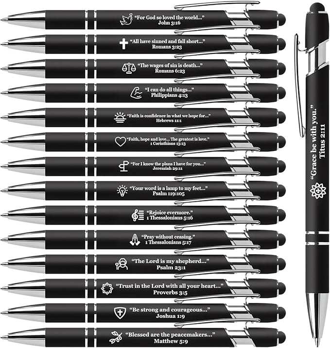 15 Pack Bible Verse Pens, Christian Inspirational Retractable Ballpoint Pens with Religious Scripture Quotes & Symbols, Smooth Writing Black Pens for Church, Gifts for Christians, Black