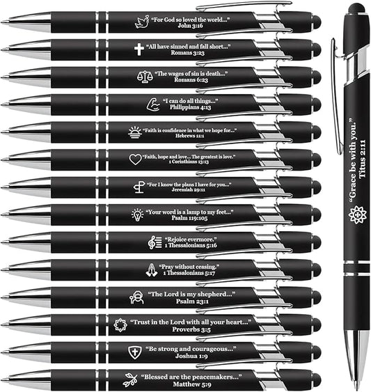 15 Pack Bible Verse Pens, Christian Inspirational Retractable Ballpoint Pens with Religious Scripture Quotes & Symbols, Smooth Writing Black Pens for Church, Gifts for Christians, Black
