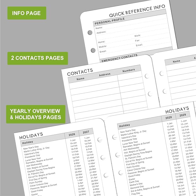 2026-2028 Monthly Planner Refill - A6 Size, Planner Inserts with 6-Hole Punched, January 2026 - December 2028, Two Pages Per Month, 2026-2028 Monthly Calendar with Tabs