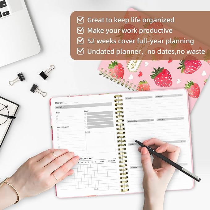 Weekly Planner Undated - 52 Weeks To Do List Notebook A5 for Work: Weekly Task, Habit Tracker Journal, Goal Setting, Agenda Sprial Bound Organizer Book Women Cute Stylish Design, Strawberry