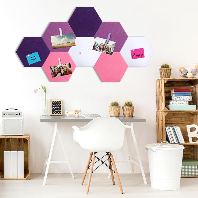 8 Pcs 12" Large Hexagon Felt Cork Board Tiles Self Adhesive DIY Bulletin Board Pin for Office Home Wall Decor Stickers Memos Photos Display with 10 Multi-Color Clip Drawing Pins(Pink)