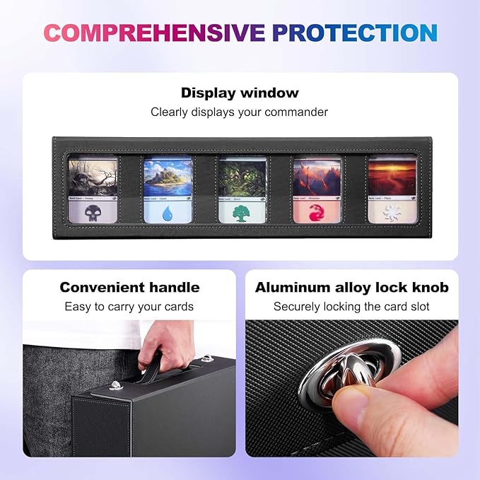 Trading Card Storage Box with Commander Display, 5 Row Magic Card Box with Handle & Aluminum Alloy Locking for 3900+ Unsleeved Cards Suits for MTG PTCG TCG Sports Cards (Black Gray)