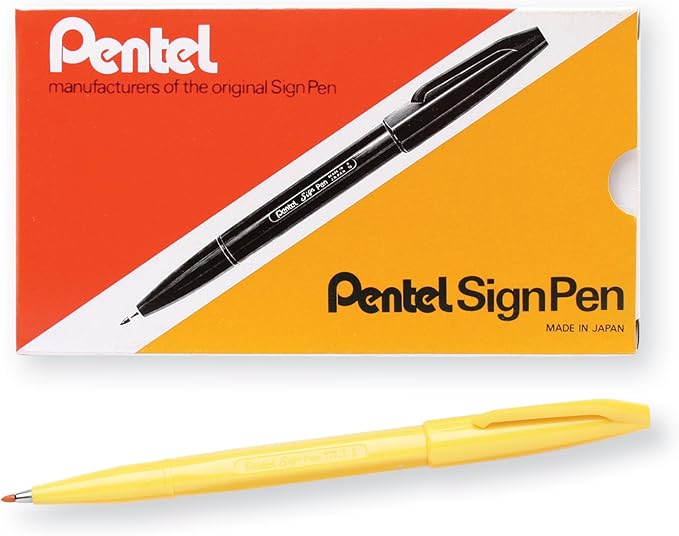 Pentel Sign Pen Fiber-Tipped Pen, Yellow Ink, Box of 12 (S520-G)