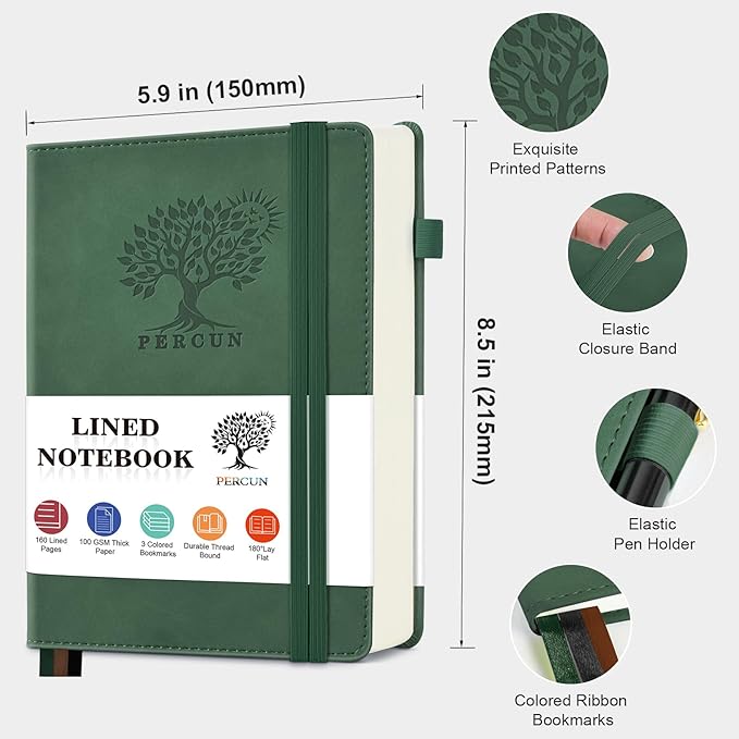 Lined Journal Notebook for Men & Women, 160 Pages College Ruled Journal for Writing, A5 Hardcover Leather Notebooks for Work, School, Business, Travel, Daily Diary 5.9" x 8.5" (Green)
