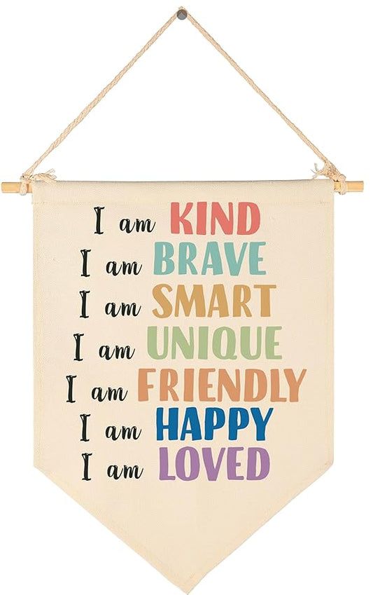 Banner Flag Sign Pennant Poster Wall Decor Gift for Classroom Nursery Baby Room Playroom Reading Room Bedroom Door Above Crib Boy Girl Kids-Baby,Shower,Birthday Christmas Gift-I Am Kind I Am Brave