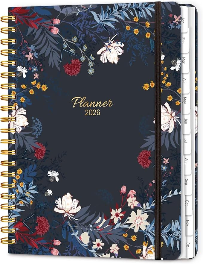 2026 Planner 8.5 x 11, Large Weekly and Monthly Planners with Tabs, A4 Spiral Bound Daily Calendar 2026 Planner, 12 Month Agenda Organizers from Jan. to Dec.(Black Bloss)