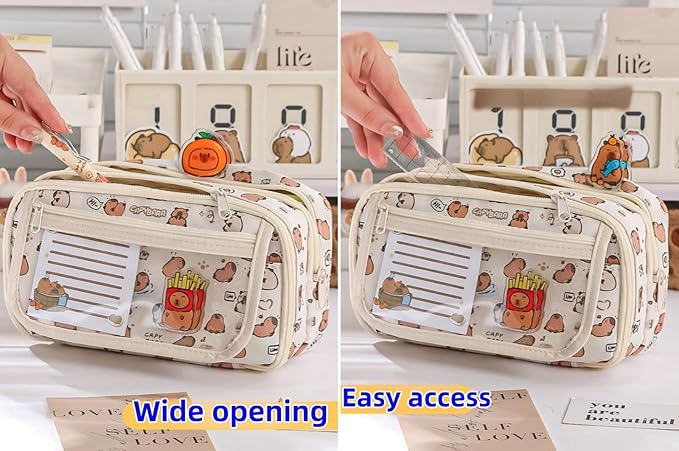 Cute Kawaii Pencil Case Pouch Cartoon Pen Box Holder Organizer for Office Workspace Supplies Desk Accessories Travel Essentials Aesthetic Trendy Cool Stuff Gift Large Capacity (Fox)