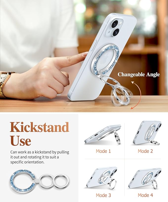 GVIEWIN Magnetic Phone Ring Holder, Compatible with MagSafe Phone Grip with Adjustable Stand, Magnet Phone Ring Kickstand for iPhone 17/16/15/14/13/12 Pro Max Plus Air/Other Phones (Glitter/Blue)
