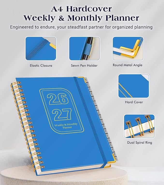 Planner 2026-2027, 18 Months Weekly and Monthly Hardcover Planner, January 2026 - June 2027, 8.5" x 11" A4 Large Daily Calendar Planner Book with Tabs, Spiral Yearly Agenda Organizer Notebook for School Work Home, Navy