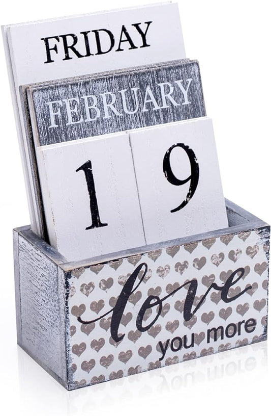 Notakia Perpetual Calendar Wooden Calendar Blocks Vintage Wood Block Calendar for Home Office Desk Accessories Week Month Date Display (Love you more)