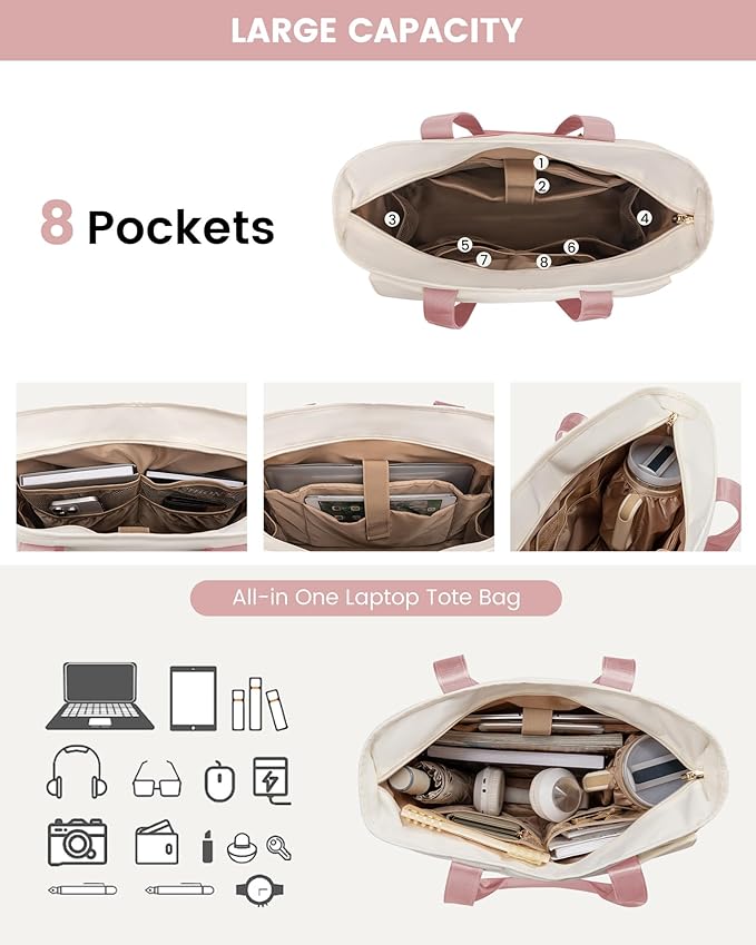 LOVEVOOK Laptop Bag for Women 15.6 Inch Canvas Laptop Large Capacity Work Bags Mutiple Pockets Teacher Bag Water Resistant Computer Bags for Business Travel Nurse, Pink Beige