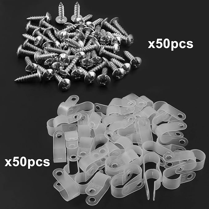 50Pcs 3/8 Inch Rope Light P-Style Clips with Screws, Cable Clip Wire Clamp Cable Organizer Cord Holder for Wire Management
