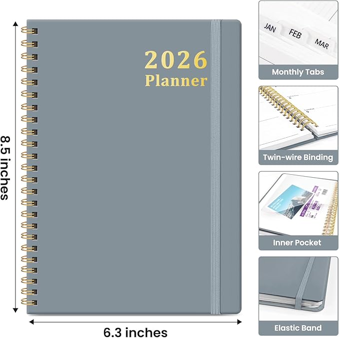 2026 Planner, Weekly and Monthly Calendar Planner, January 2026 - December 2026, Hardcover 2026 Calendar Book with Tabs For Women & Men, Inner Pocket, Spiral Bound, Perfect for Office Home School Supplies - A5 (6.3" x 8.5"), Stone Gray