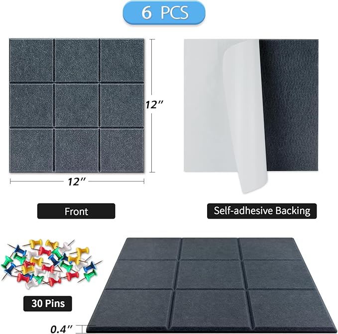 BXI Felt Bulletin Board - 12 X 12 X 3/8 Inches 6 Pcs Self-Adhesive Poster Cork Board with 30 Push Pins, Thick Pin Tiles Display Vision Board, Photo Picture Panels for Home Office Classroom Walls
