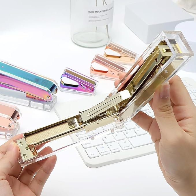 NatSumeBasics Clear Gold Stapler with 1000 Staples, Cute Stapler and 26/6 Staples for Desk Home School Office Stationery Supplies Accessories Decoration (Gold)